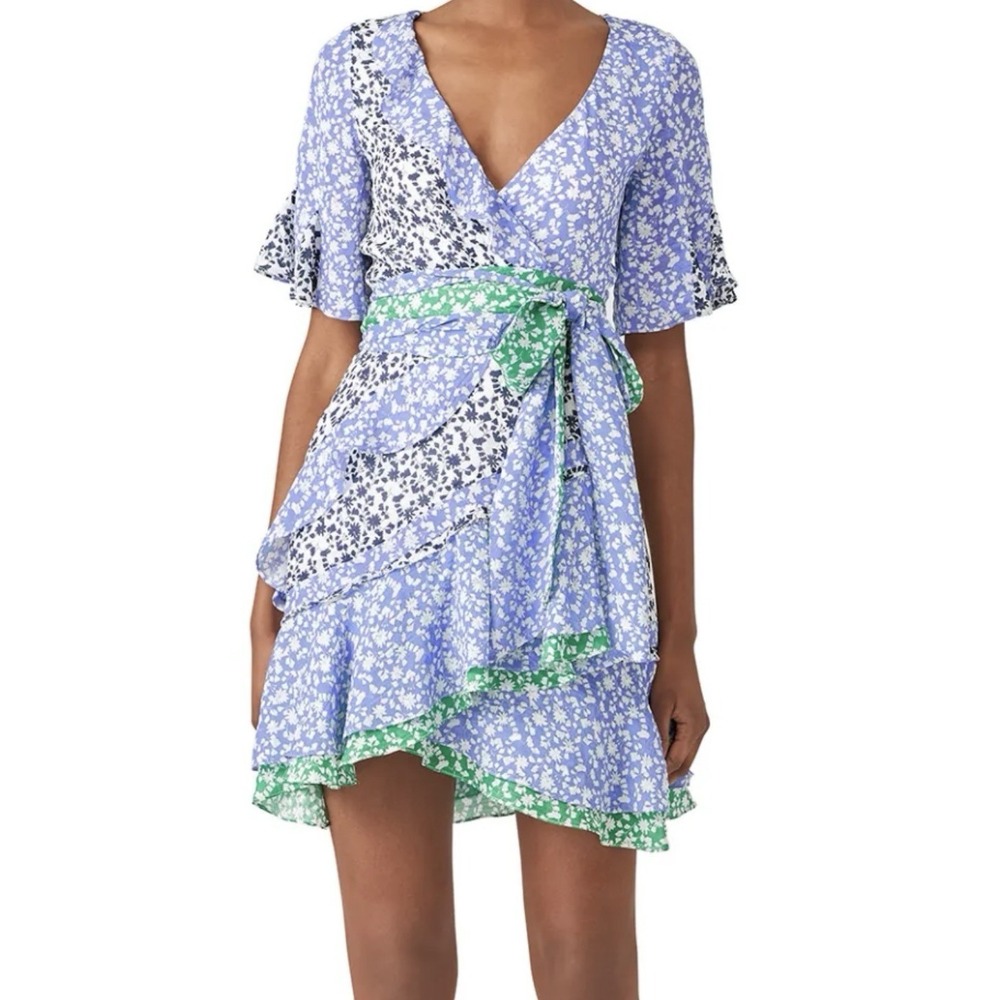 Tanya Taylor Women's 8 Bianka Blue Mixed Ditzy Floral Print Wrap Dress- Read